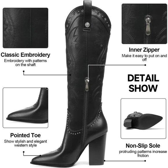 Women 2 Black Embroidered Pointed Toe Knee High Western Chunky Heels Boots - Picture 3 of 7